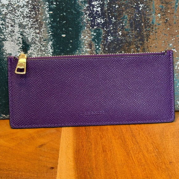 COACH Textured Leather Slim Envelope Wallet w/Pop-Up Pouch: Teal & Purple - Picture 13 of 16